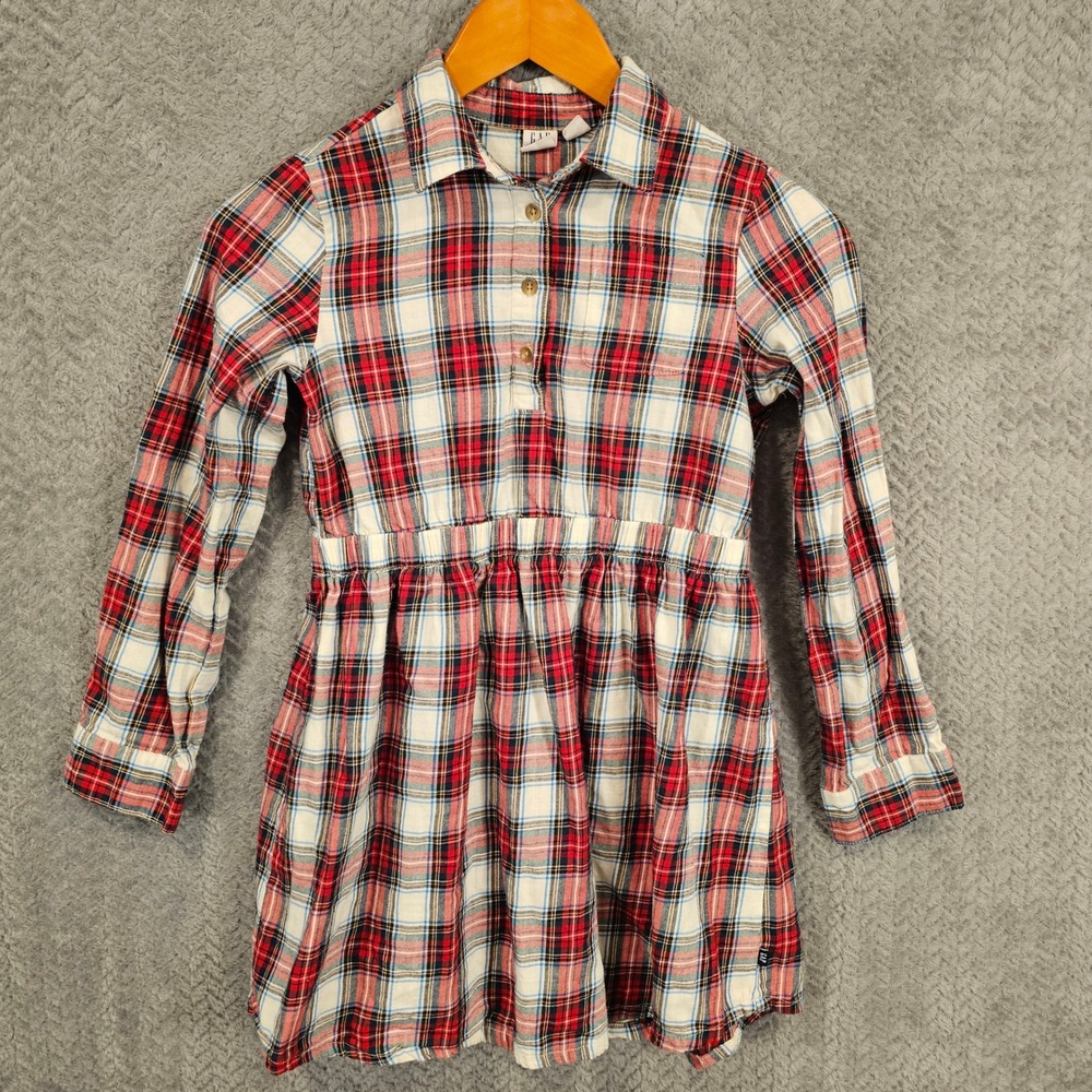 Gap Kids Girl Red White Blue Plaid Flannel Shirt Dress Size L 10/12 GKFHHO3X-656